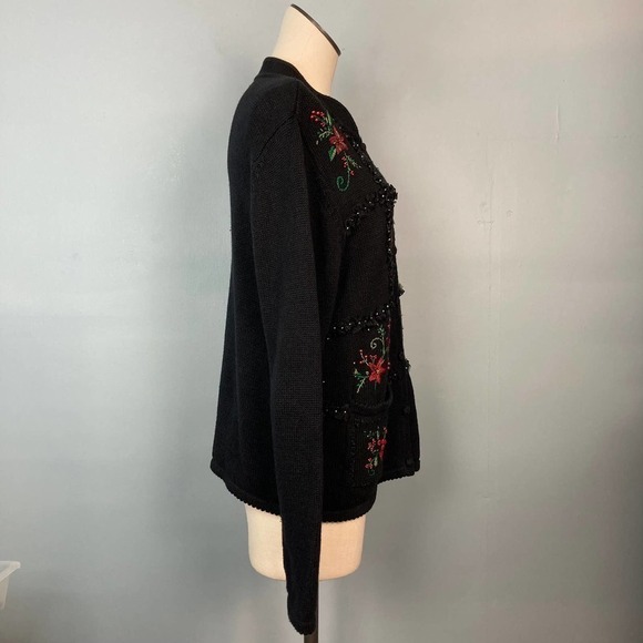 ERIKA Poinsettia Christmas Holiday Beaded Embroidered Cardigan Sweater Size M - Picture 2 of 12